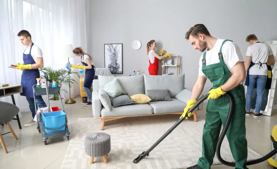 Equip de neteja professional treballant a la sala d’un habitatge a Barcelona